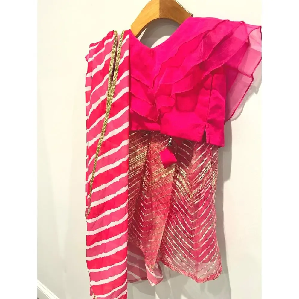 Babyhug Ruffle Sleeves Choli Lehenga And Dupatta With Lehriya Print- Pink 12-18m